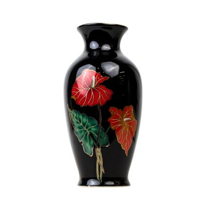 Vintage Japanese Black Floral Ceramic Vase Circa 1960s to 1970s 16cm #71589-48