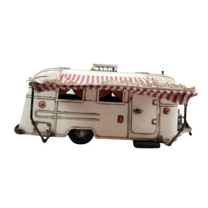 Vintage Metal Camper Travel Trailer Caravan Striped Awning Toy #71575-1