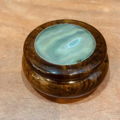 Vintage Wooden Trinket Jewellery Box With Green Banded Agate Inlay 9cm #71555-2