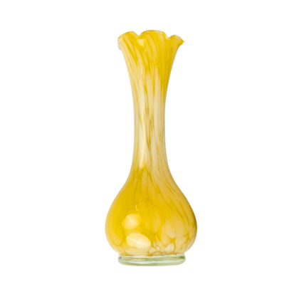 Vintage Yellow & White Swirl Art Glass Ruffled Vase 17cm #71222-27