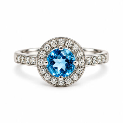 Monty's 10ct White Gold Topaz & Natural Diamond Halo Ring | Size O 1/2 | 2.5g #71823