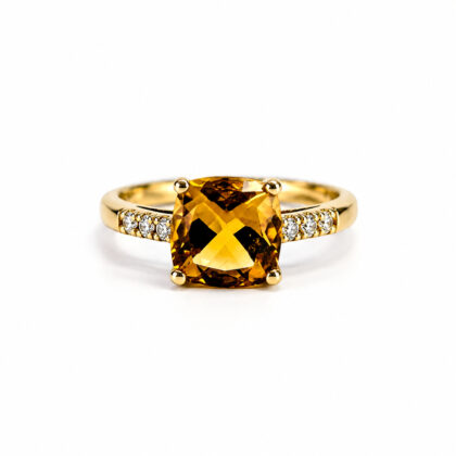9ct Yellow Gold Citrine & Natural Diamond Ring | Size O 1/2 | 2.6g #71809