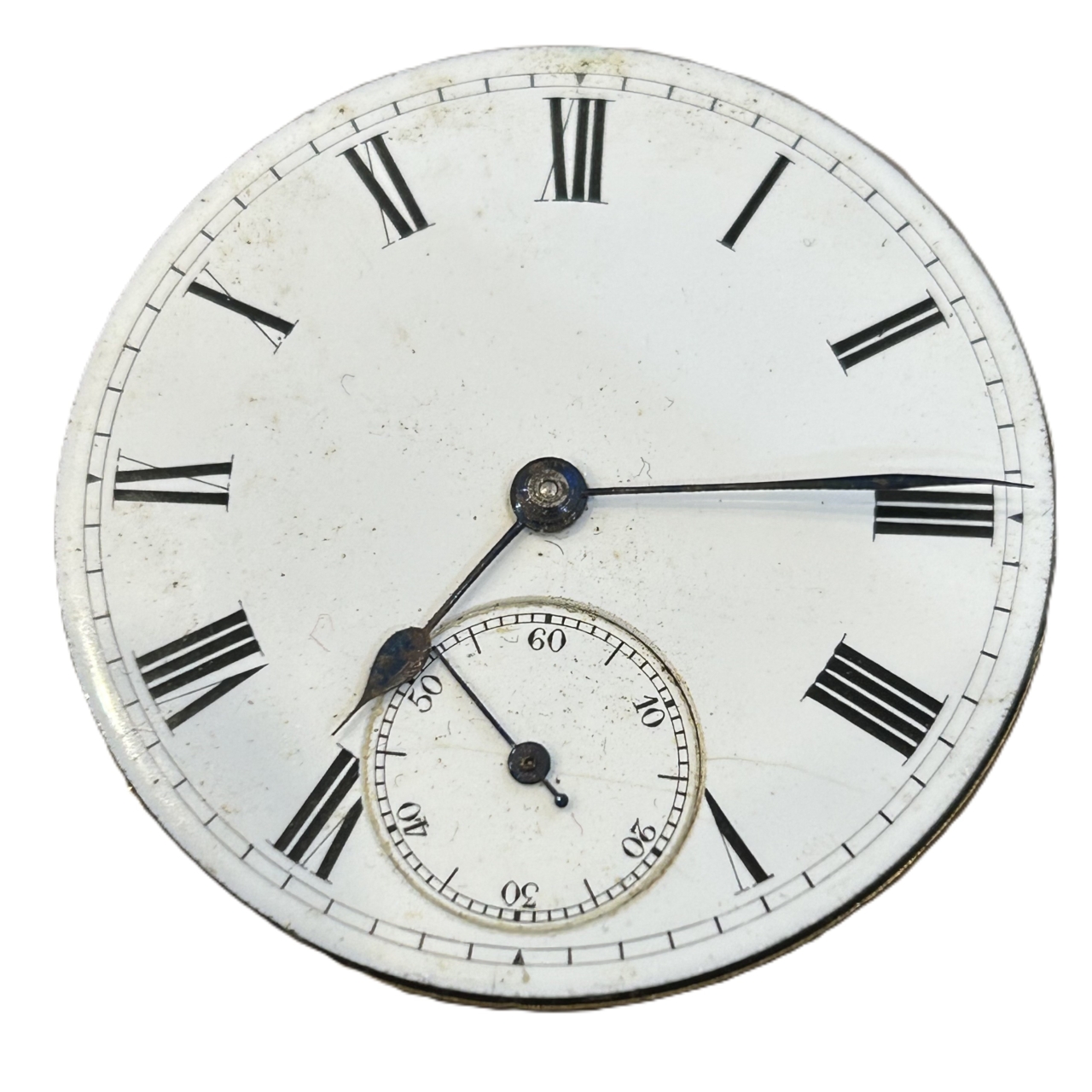 Antique Pocket Watch Movement & Dial | White Roman Numeral Dial | 42.9mm | Parts Only #71974-5 Antique Pocket Watch Movement & Dial | White Roman Numeral Dial | 42.9mm | Parts Only #71974-5