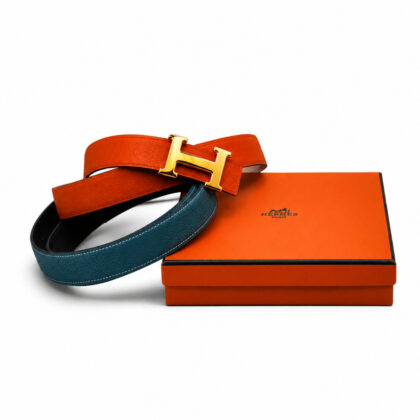 Hermès H Gold-Tone Belt Buckle | 2 x 32mm Reversible Belts | Size 90 | Box #70740