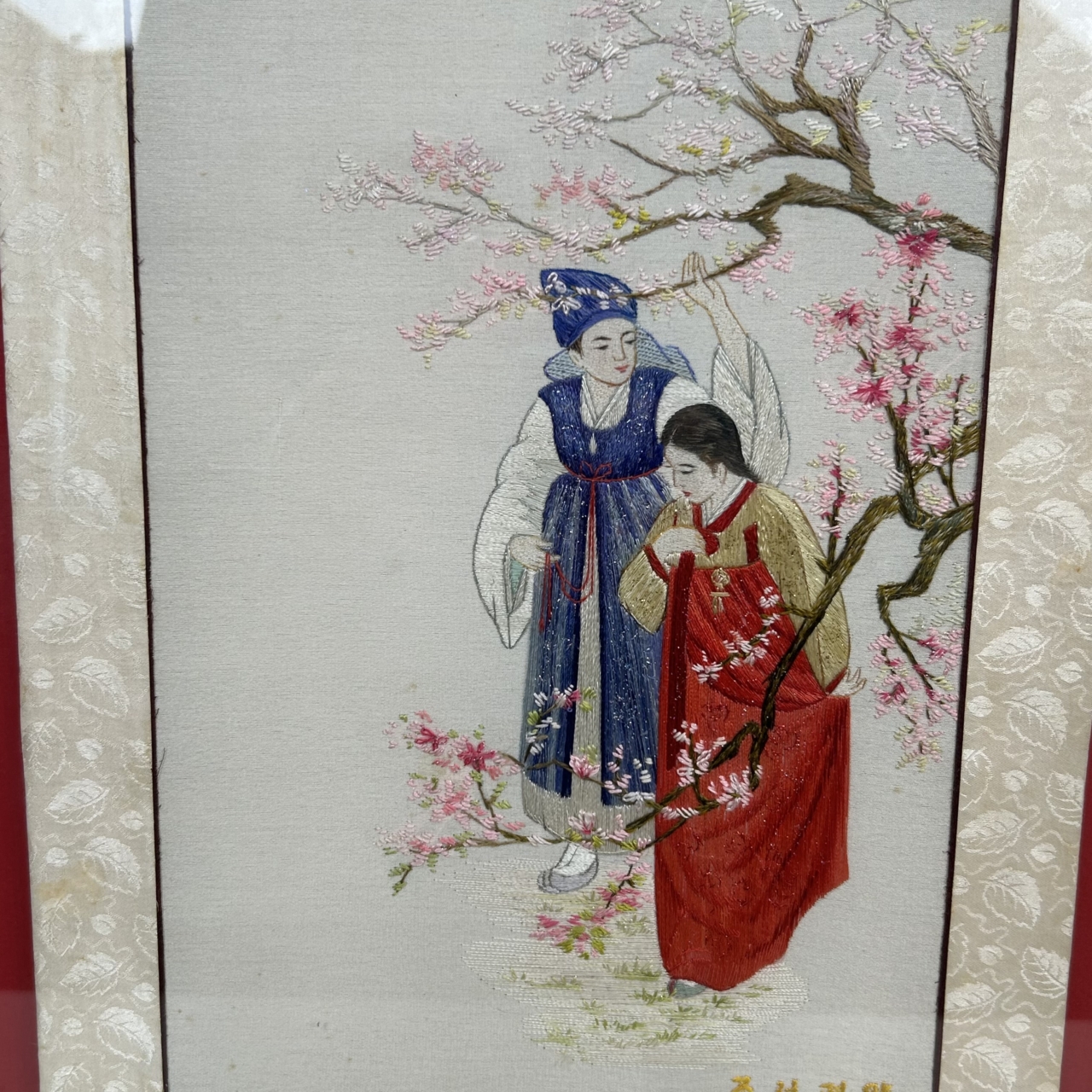 Korean Silk Embroidery | Traditional Women & Blossoms | Framed #71903 Korean Silk Embroidery | Traditional Women & Blossoms | Framed #71903 - Image 5
