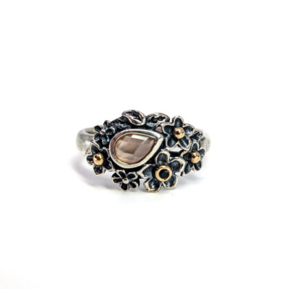 Pandora Sterling Silver & 14ct Yellow Gold Dew Drop on Flowers Rose Quartz Ring | Size Q #71836