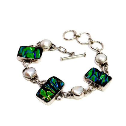 Monty's Sterling Silver Pearl & Green/Blue Glass Bracelet | Adjustable 17–20cm | 23.3g #71945