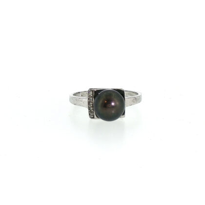 Sterling Silver Black Cultured Pearl & Natural Diamond Ring | 2.9g | Size R #71851