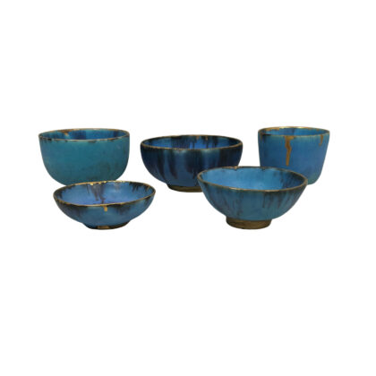 Studio Pottery Bowl Set | Blue Glaze & Gold Lustre | 5 Pieces | Signed EG #71905-1