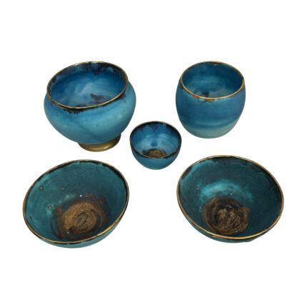 Turquoise Glazed Studio Pottery Bowl Set | Gilt Rims | 5 Pieces #71905