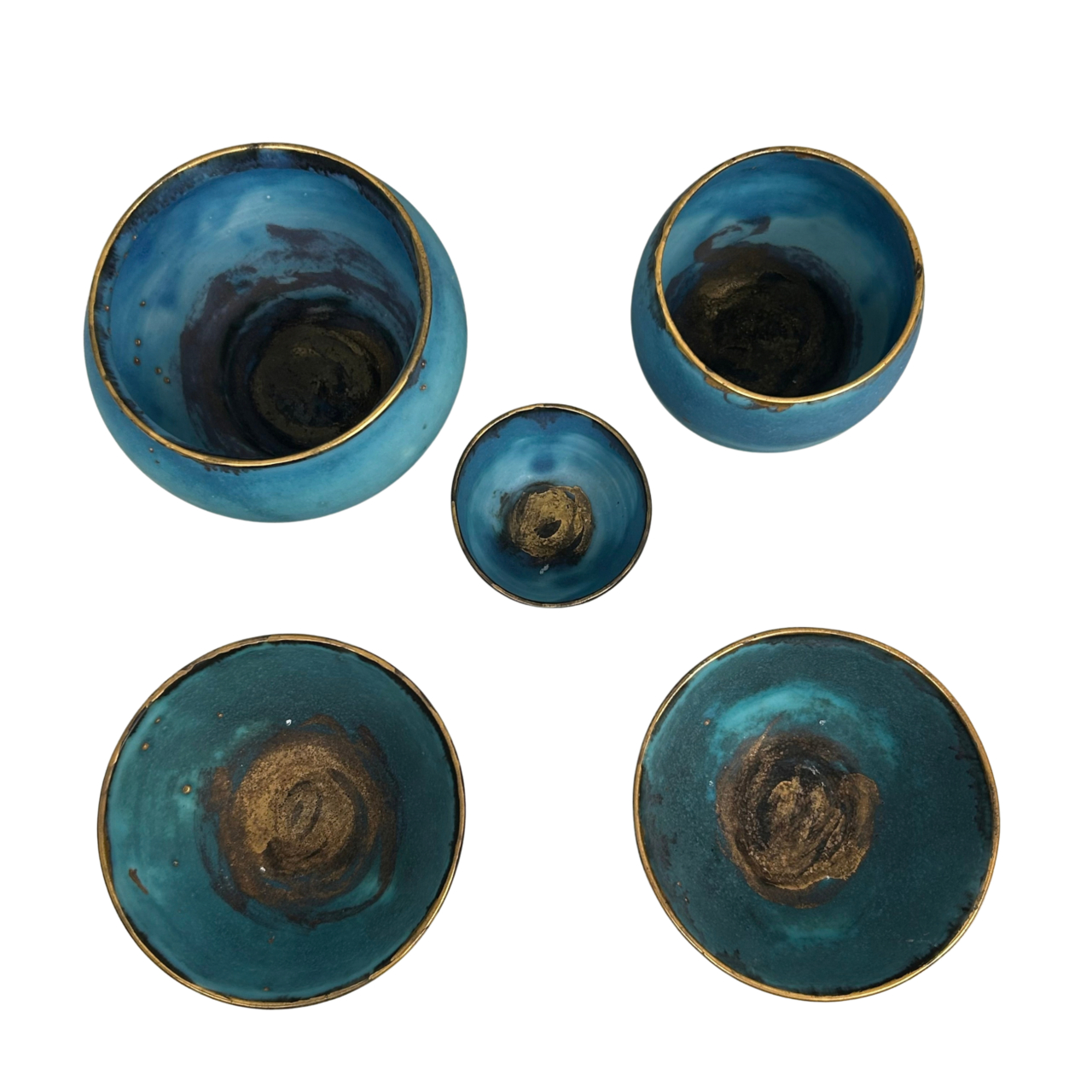 Turquoise Glazed Studio Pottery Bowl Set | Gilt Rims | 5 Pieces #71905 Turquoise Glazed Studio Pottery Bowl Set | Gilt Rims | 5 Pieces #71905 - Image 2
