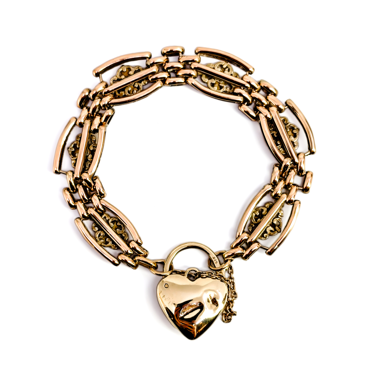 Vintage 9ct Yellow Gold Amethyst-Set Gate Heart Bracelet | 26.4g #71865 Vintage 9ct Yellow Gold Amethyst-Set Gate Heart Bracelet | 26.4g #71865 - Image 4