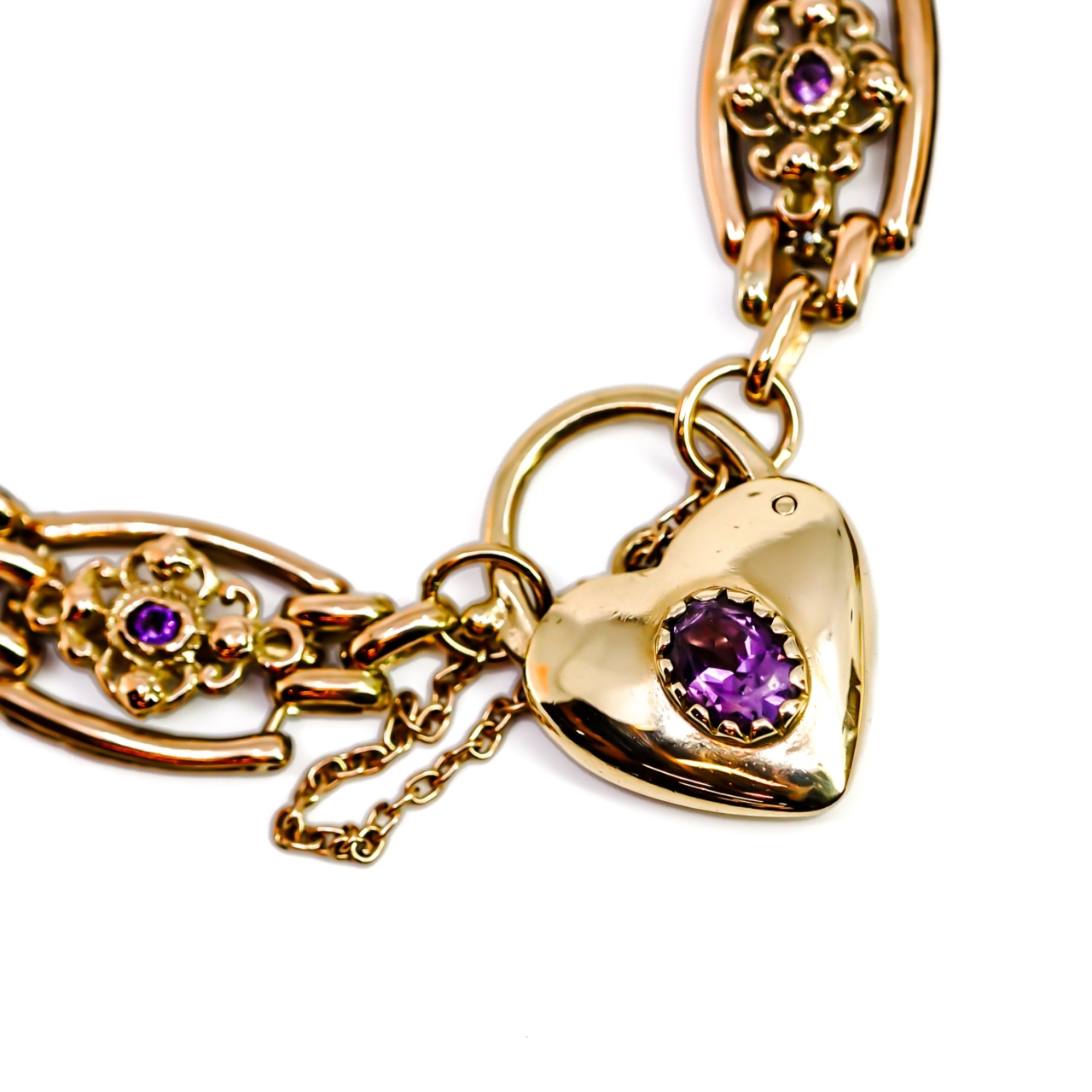 Vintage 9ct Yellow Gold Amethyst-Set Gate Heart Bracelet | 26.4g #71865 Vintage 9ct Yellow Gold Amethyst-Set Gate Heart Bracelet | 26.4g #71865 - Image 5