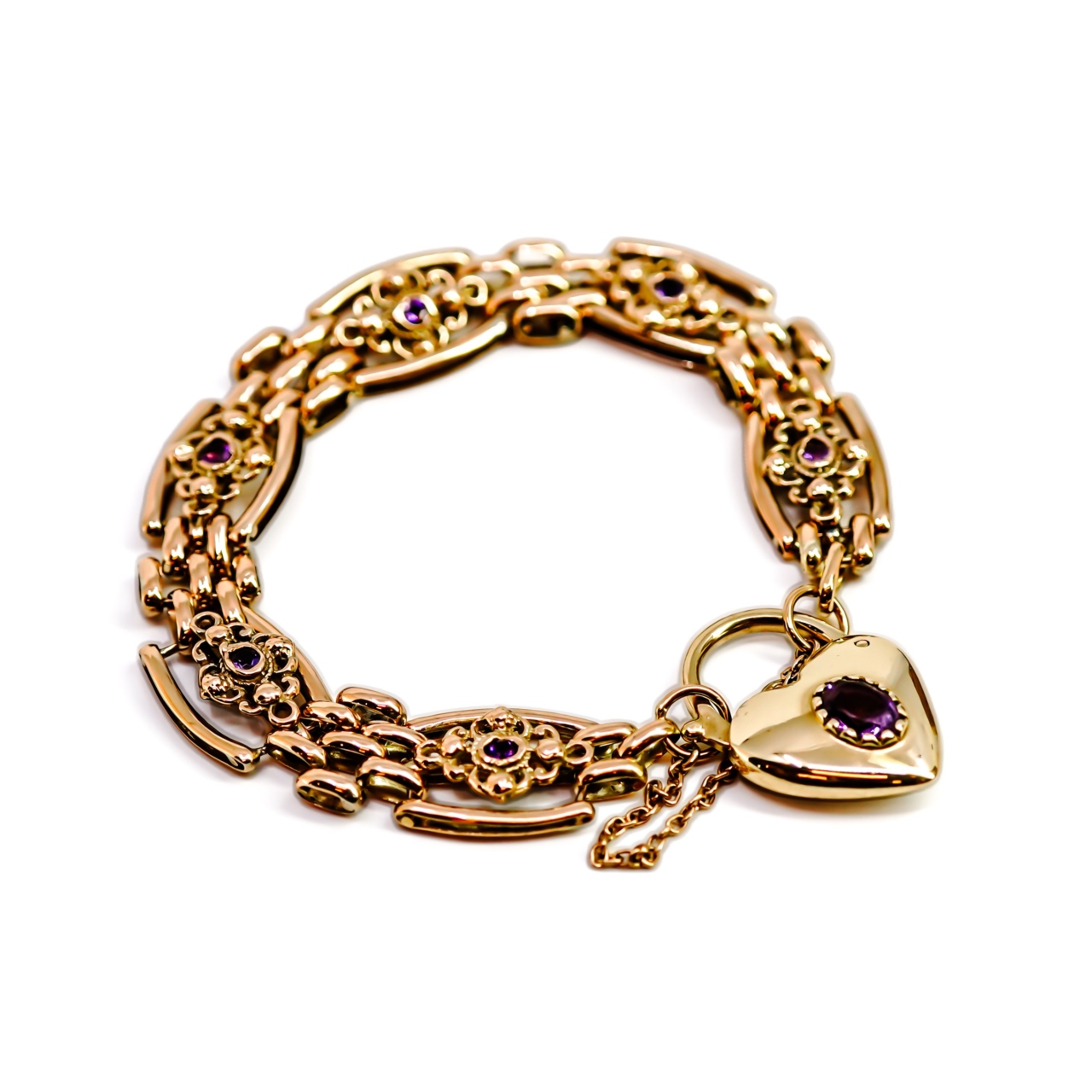 Vintage 9ct Yellow Gold Amethyst-Set Gate Heart Bracelet | 26.4g #71865 Vintage 9ct Yellow Gold Amethyst-Set Gate Heart Bracelet | 26.4g #71865 - Image 6