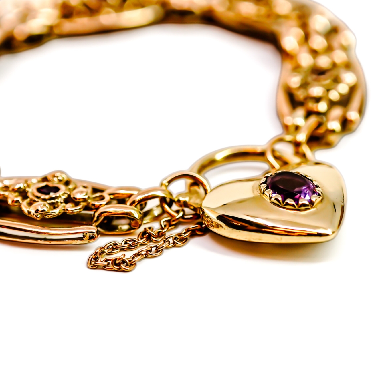 Vintage 9ct Yellow Gold Amethyst-Set Gate Heart Bracelet | 26.4g #71865 Vintage 9ct Yellow Gold Amethyst-Set Gate Heart Bracelet | 26.4g #71865 - Image 7