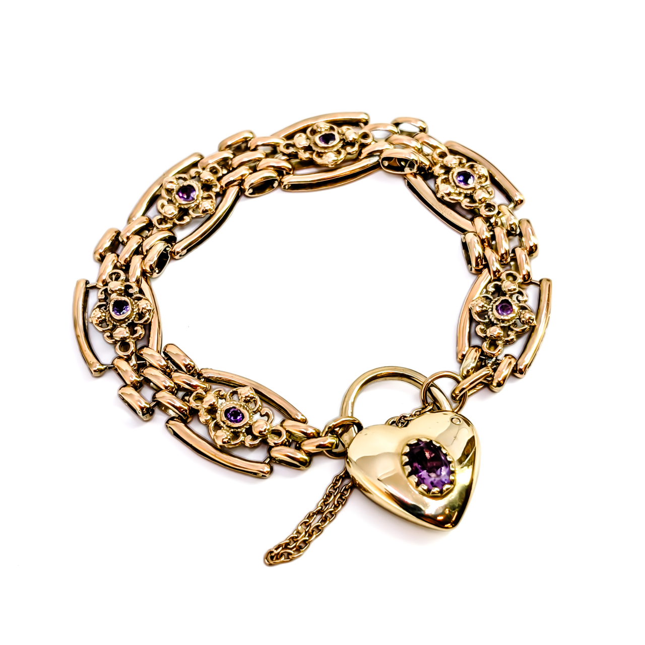 Vintage 9ct Yellow Gold Amethyst-Set Gate Heart Bracelet | 26.4g #71865 Vintage 9ct Yellow Gold Amethyst-Set Gate Heart Bracelet | 26.4g #71865 - Image 3