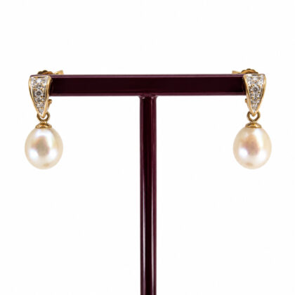 9ct Yellow Gold Pearl & Diamond Drop Earrings | 2.2g | 20mm #71431