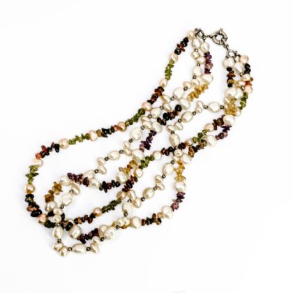 Sterling Silver Multi-Gemstone & Pearl 3-Strand Necklace | 83.7g | 45cm #72007