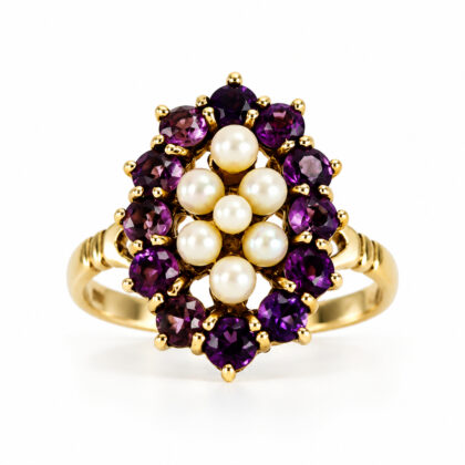 Vintage 9ct Yellow Gold Pearl & Amethyst Ring | London 1971 | 3.8g #71644